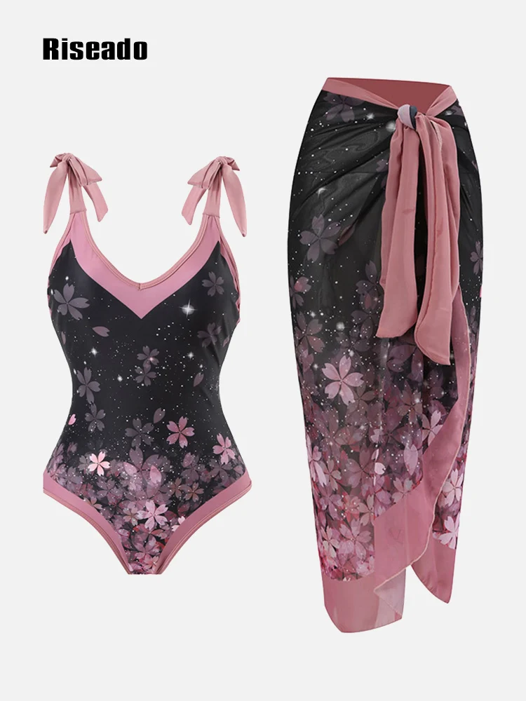 

Riseado V-neck Sexy One Piece Swimsuit Floral Print Swimwear with Skirt Summer Swimming Suit for Women Beachwear Bath Suits