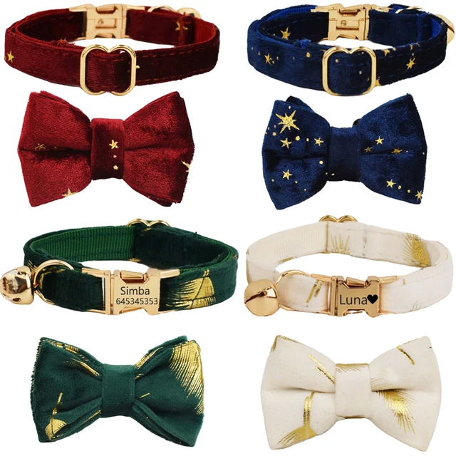 Personalized Cat Collar with Bell Name Customize Tag Velvet Collar for Cat Collar Bow tie Puppy Small Dog Collar Kitten Necklace Personalized Cat Collar with Bell Name Customize Tag Velvet Collar for Cat Collar Bow tie Puppy Small Dog Collar Kitten Necklace