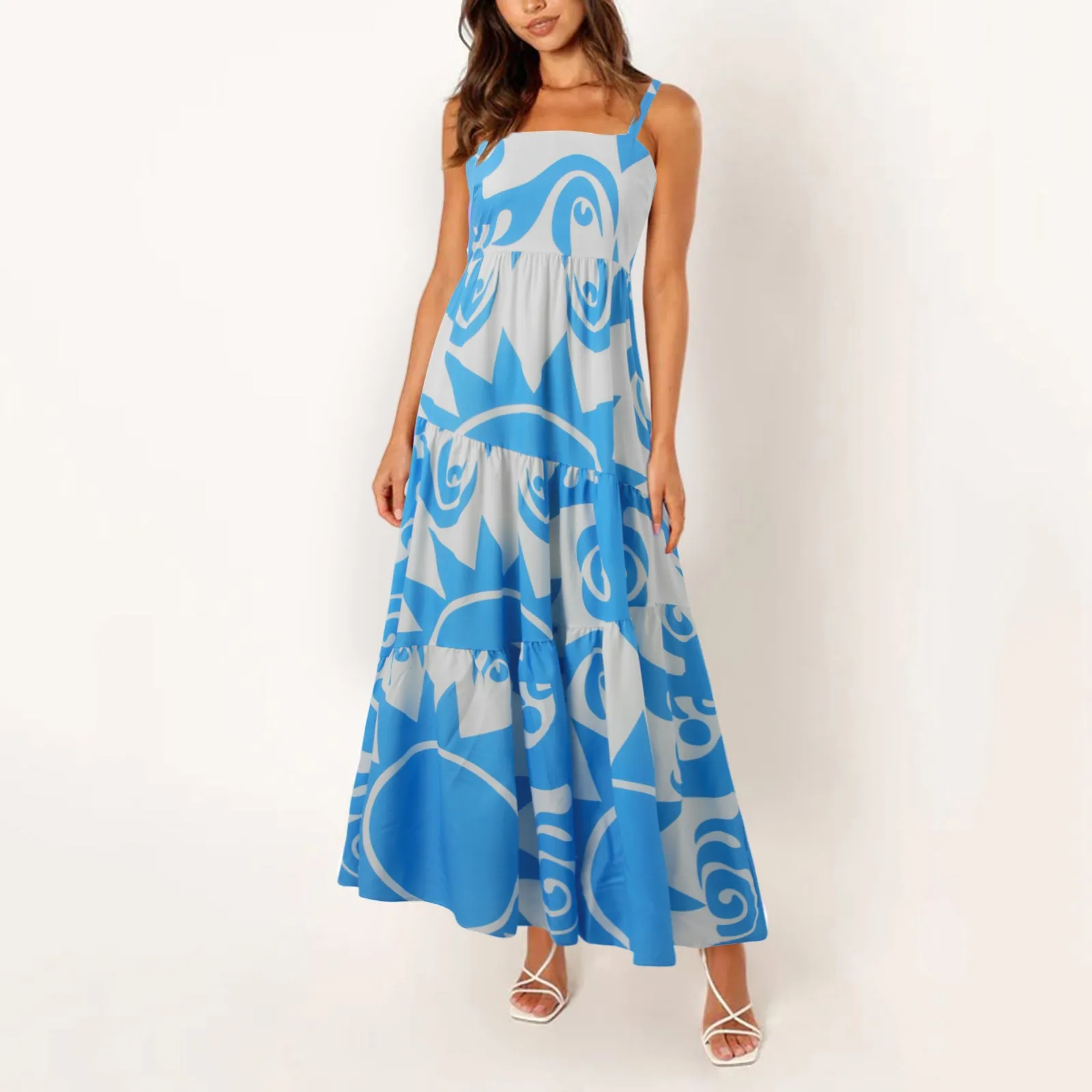 

Bohemian Beach Pinted Long Dress Women Summer Square Collar Sleeveless A-Line Dress Backless Pleated Spaghetti Straps Dresses
