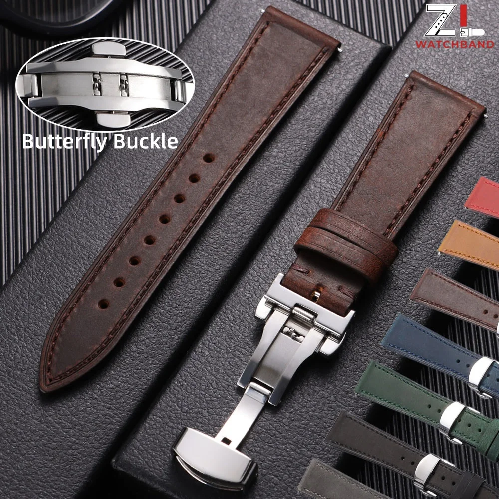 Premium Leather Watch Band with Butterfly Clasp - Quick Release Wristband in Black or Brown