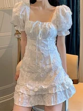 

QWEEK Floral White Dress Women Korean Lace Wrap Ruffles Puff Sleeve Short Dresses Square Collar 2022 Summer Robes Female