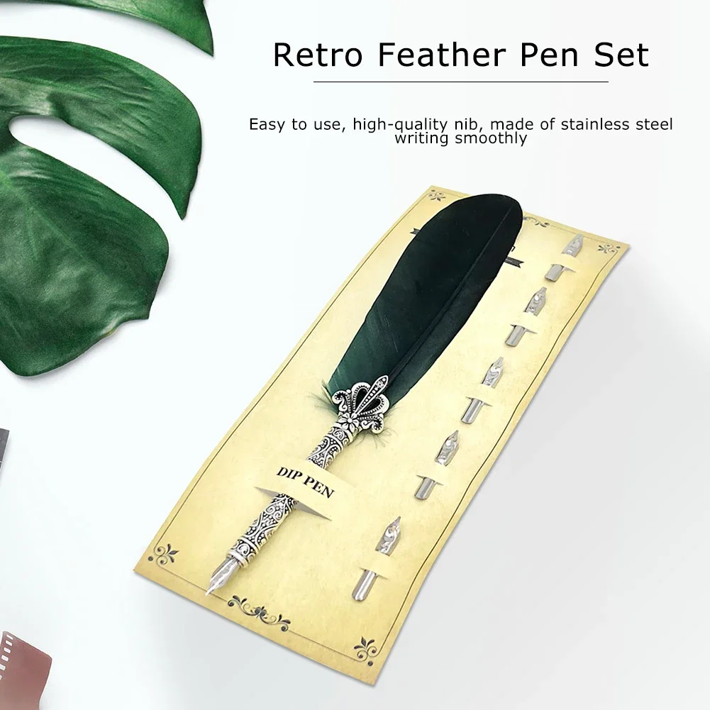 1 Set Vintage Feather Pen with 5 Pen-Nibs Oblique Pen Set Retro Calligraphy Feather Dip Pen Creative Birthday Holiday Gift Set