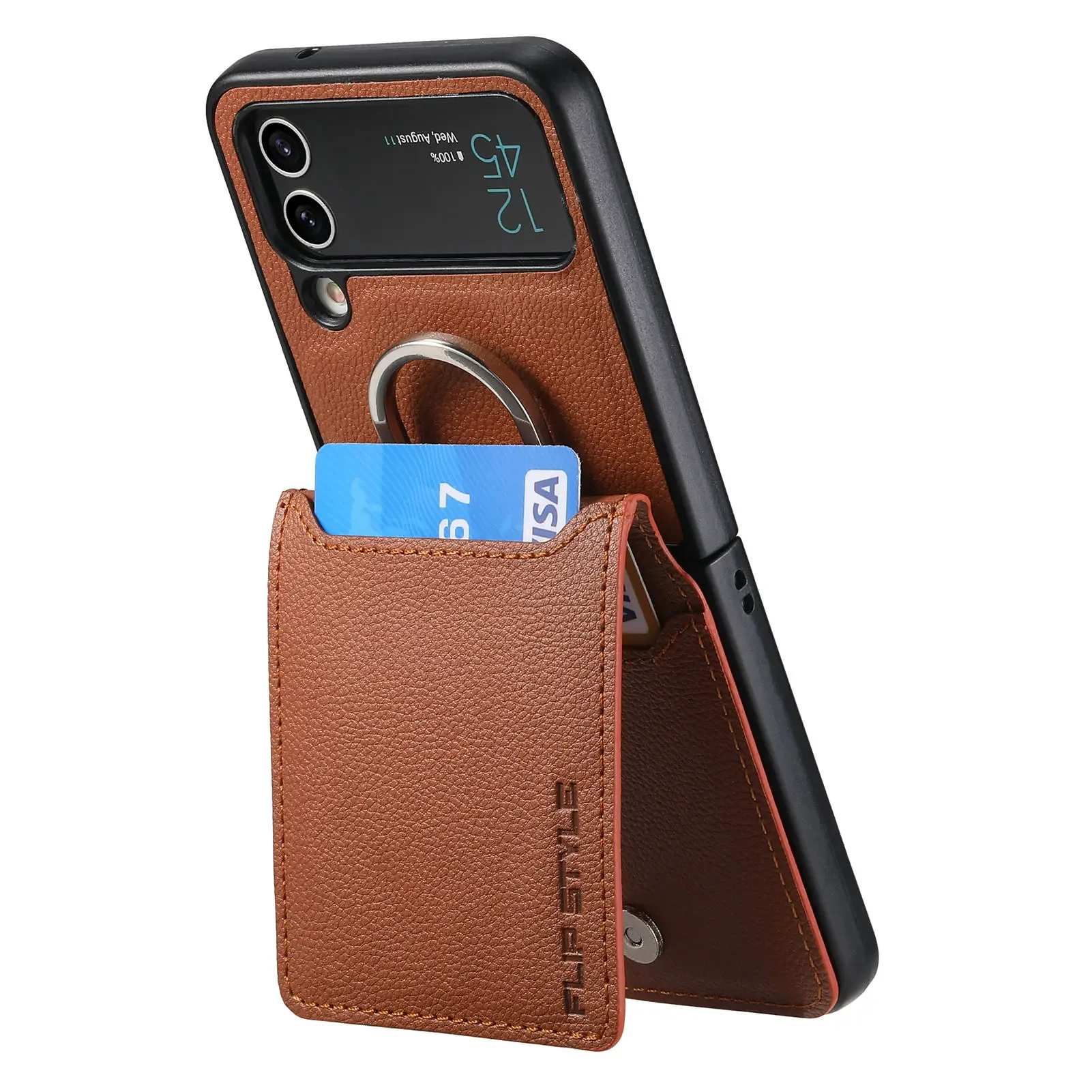 Magnetic Leather Wallet Case with Ring Holder and Kickstand