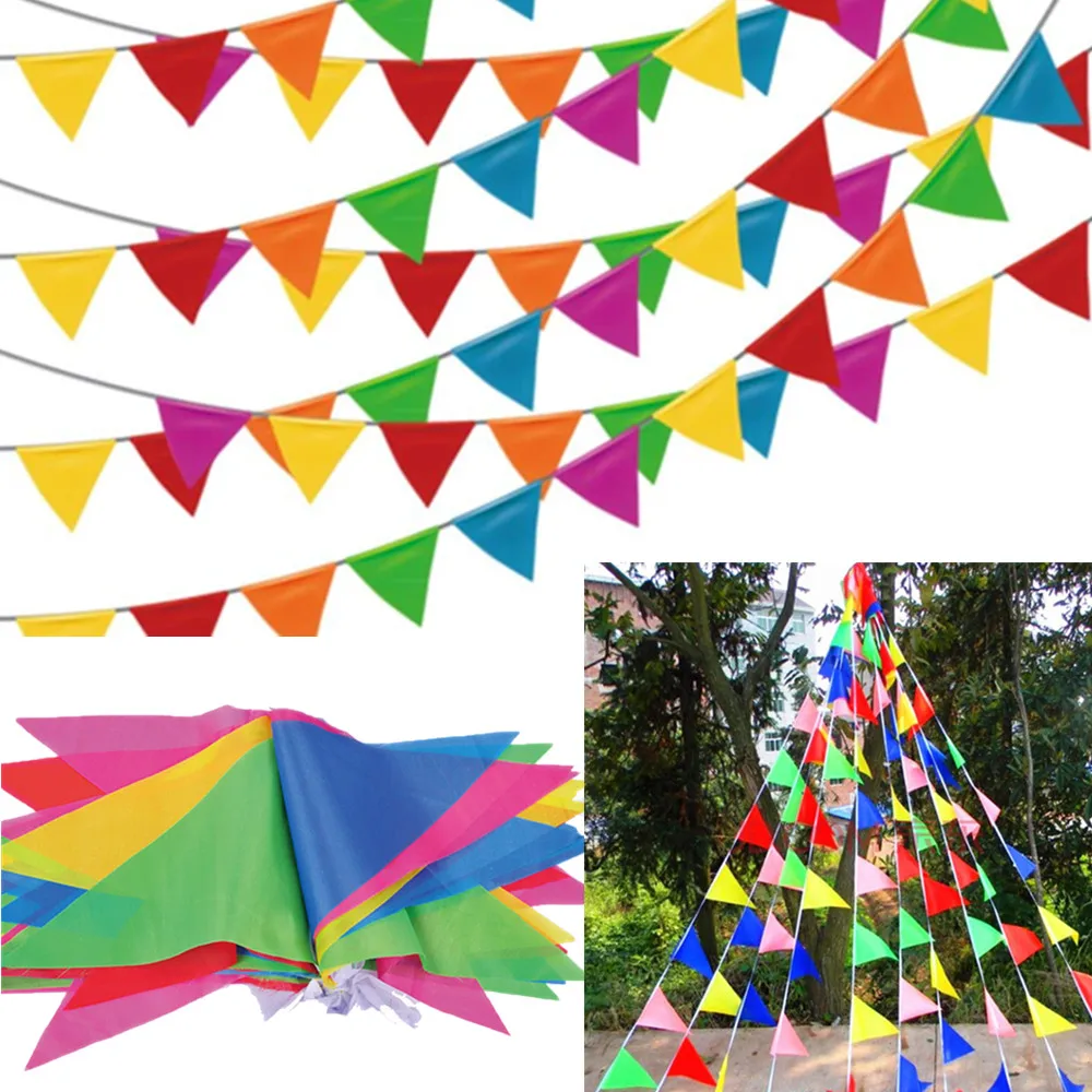 Multicolored Bunting Banner Triangle Flags Nylon Fabric Pennant Festival Outdoor Party Decor 100M