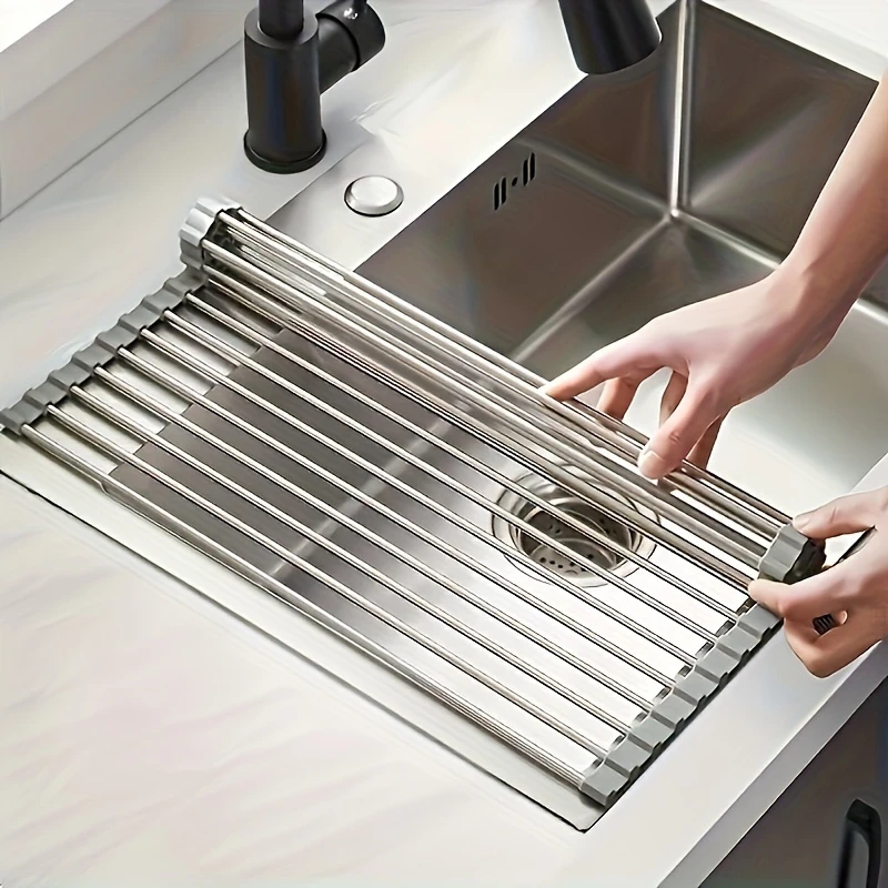 Roll Up Dish Drainer Shelf Stainless Steel Sink Drying Holder Foldable Food Rack Fruit Vegetable Washing Stand Kitchen Organizer 2