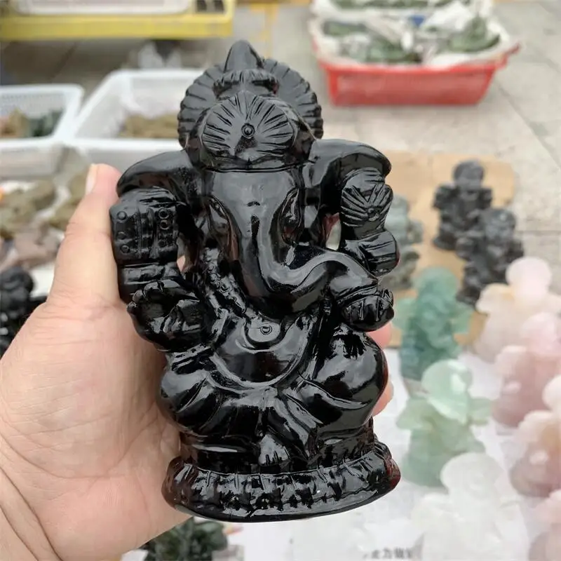 Natural Black Obsidian Elephant Quartz Crystal Carved Gemstones Ganesha Healing Reiki Home Decoration 1pcs 3