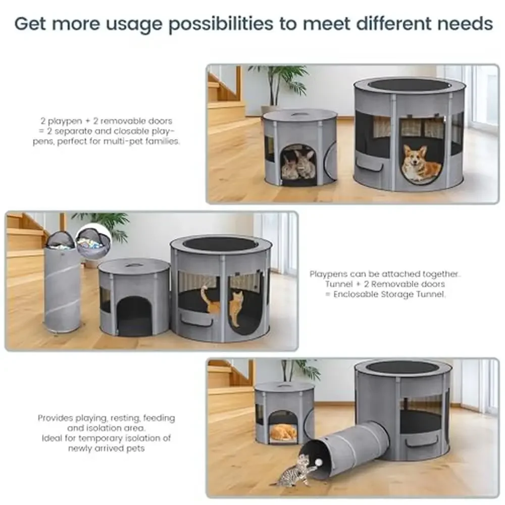 Portable Cat Playpen Tunnel 3-in-1 Foldable Puppy Pen Waterproof Bottom 2-Room Separable Pet Tent Enclosed Mesh Separable Doors