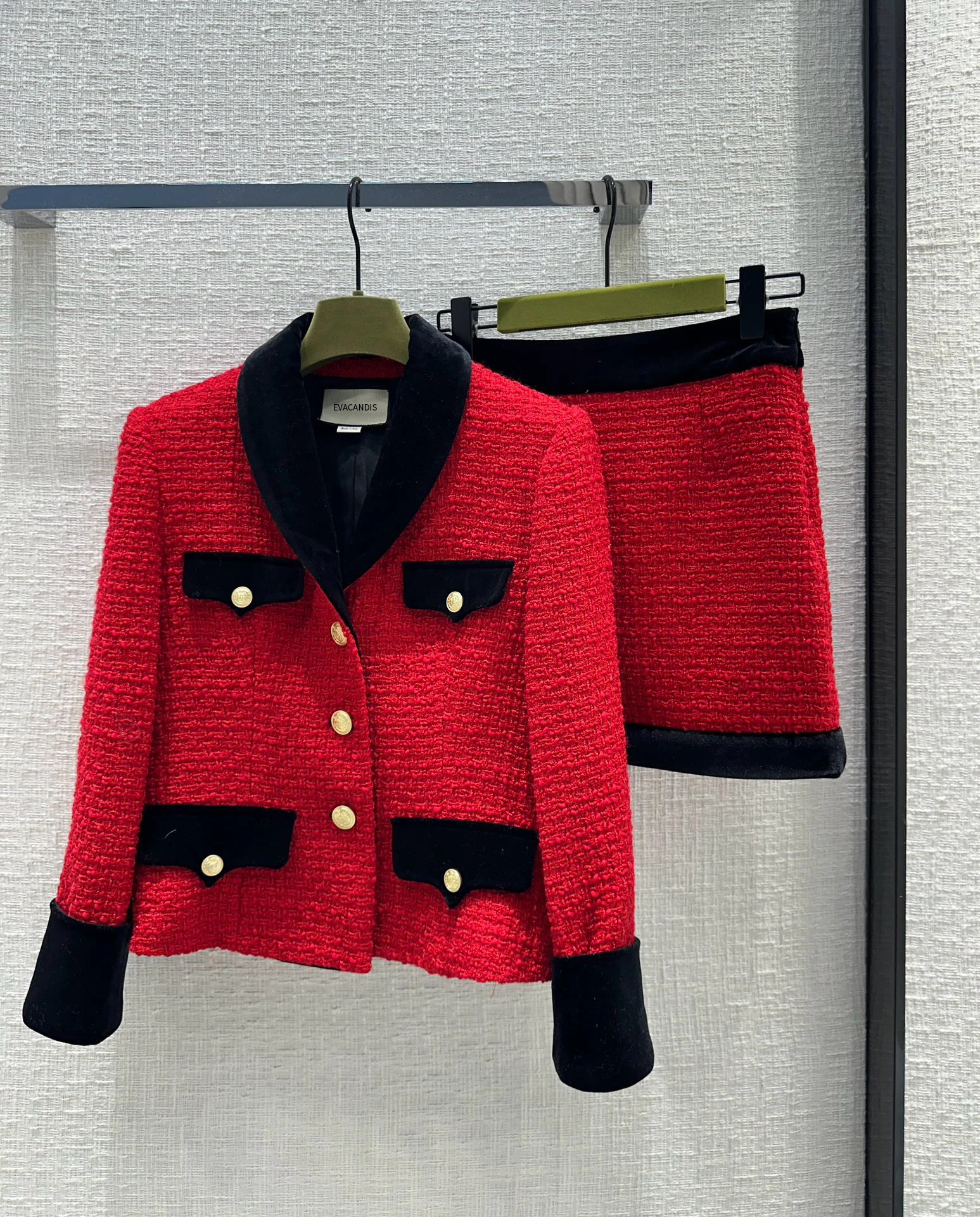 

EVACANDIS Women Autumn Winter New Red Tweed Coat and Skirt Sets Black Velvet Patchwork Vintage Chic Single Breasted Tunic Jacket