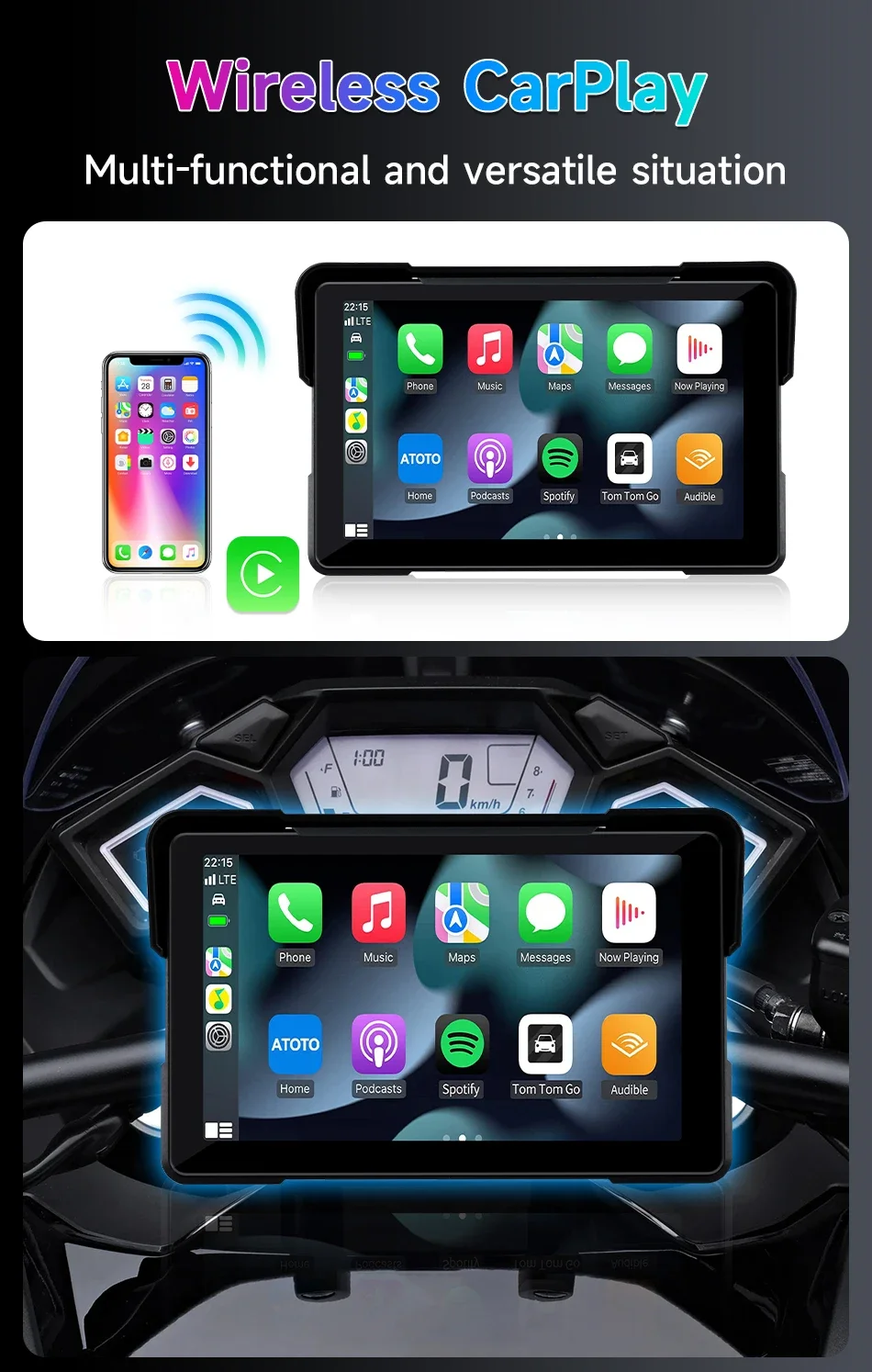 Srnubi 7 Zoll 2K HD Motorrad DVR Navigation GPS Wireless CarPlay Android Auto Airplay Display Tragbarer Moto-Monitor – Detail 5