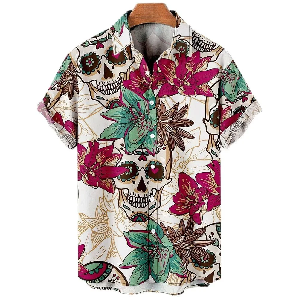 

2023 Summer Shirts For Men 3d Vintage Horror Skull Rocker Print Gothic Rockabilly Hawaiian Shirt Short Sleeve Top Male Clothes