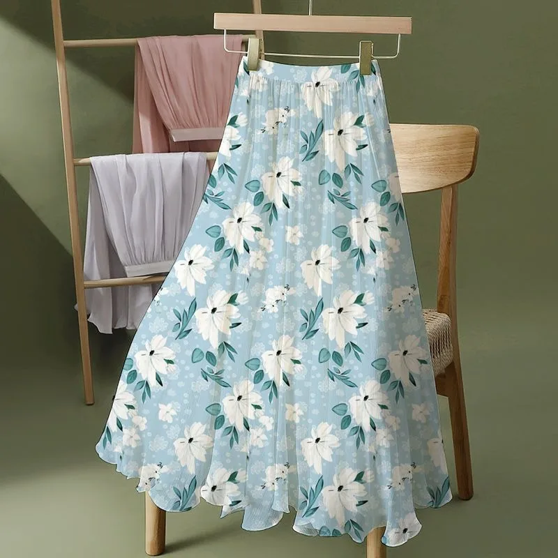 Women Floral Simplicity Trend Summer New Style Elastic Waist Ladies A-line Skirt Large Size Long Skirt Party Prom Dresses 2