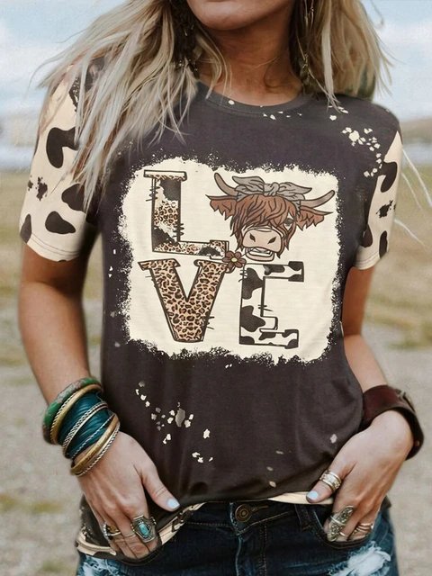 Leopard Cow T-Shirts Women Highland CattleT Shirts Women Western