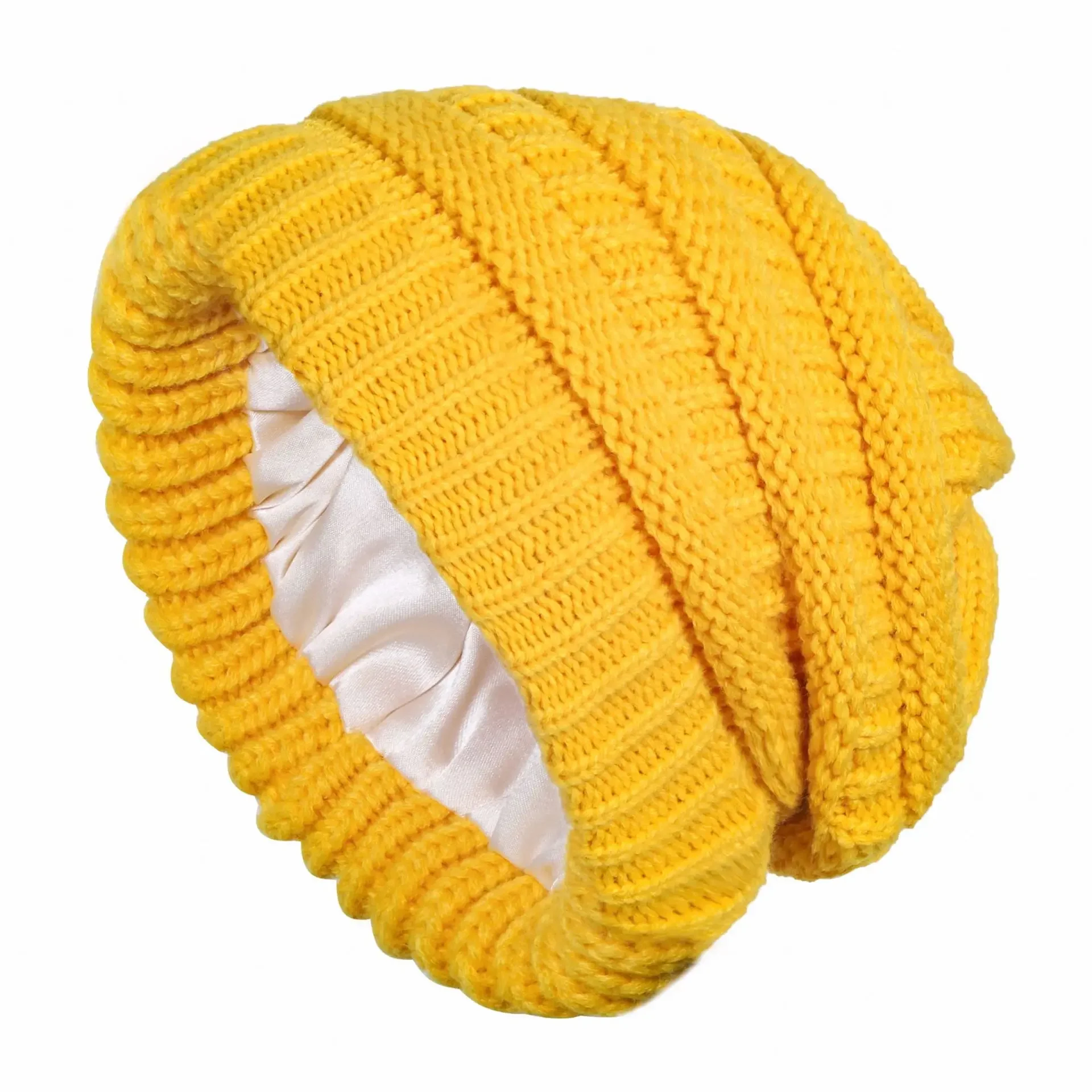 New Satin Lined Winter Beanie Caps Striped Knit Hats Solid Color Silk Lining Thick Chunky Cap Soft Slouchy Warm Hat Ski Cap 2