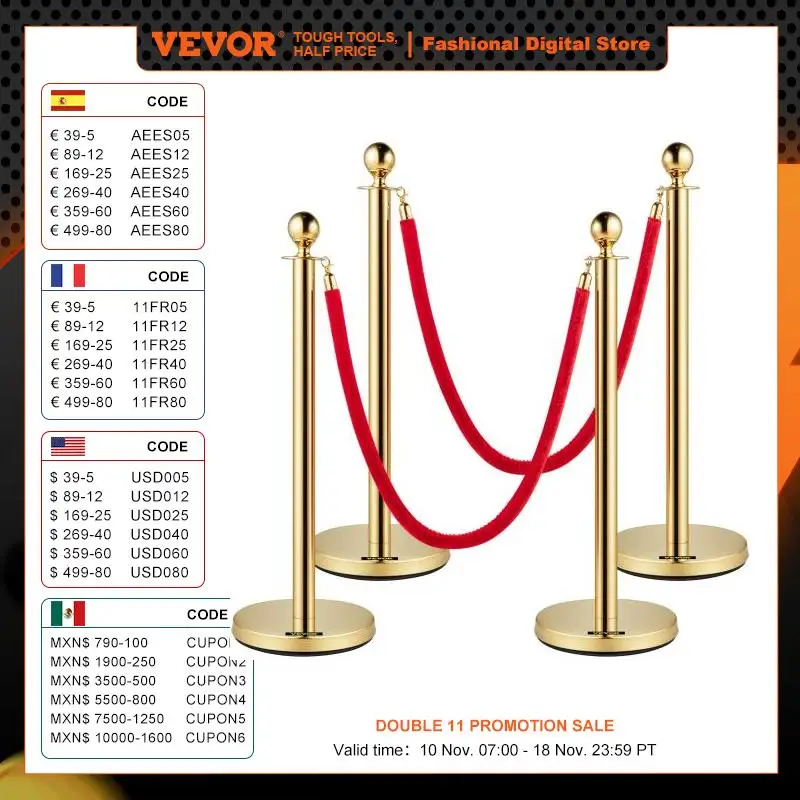 VEVOR Gold Crowd Control Barrier 5 ft/1.5 m Elegant Velvet Ropes and Posts Stainless Steel Stanchion Post with Ball Top 4 PCS