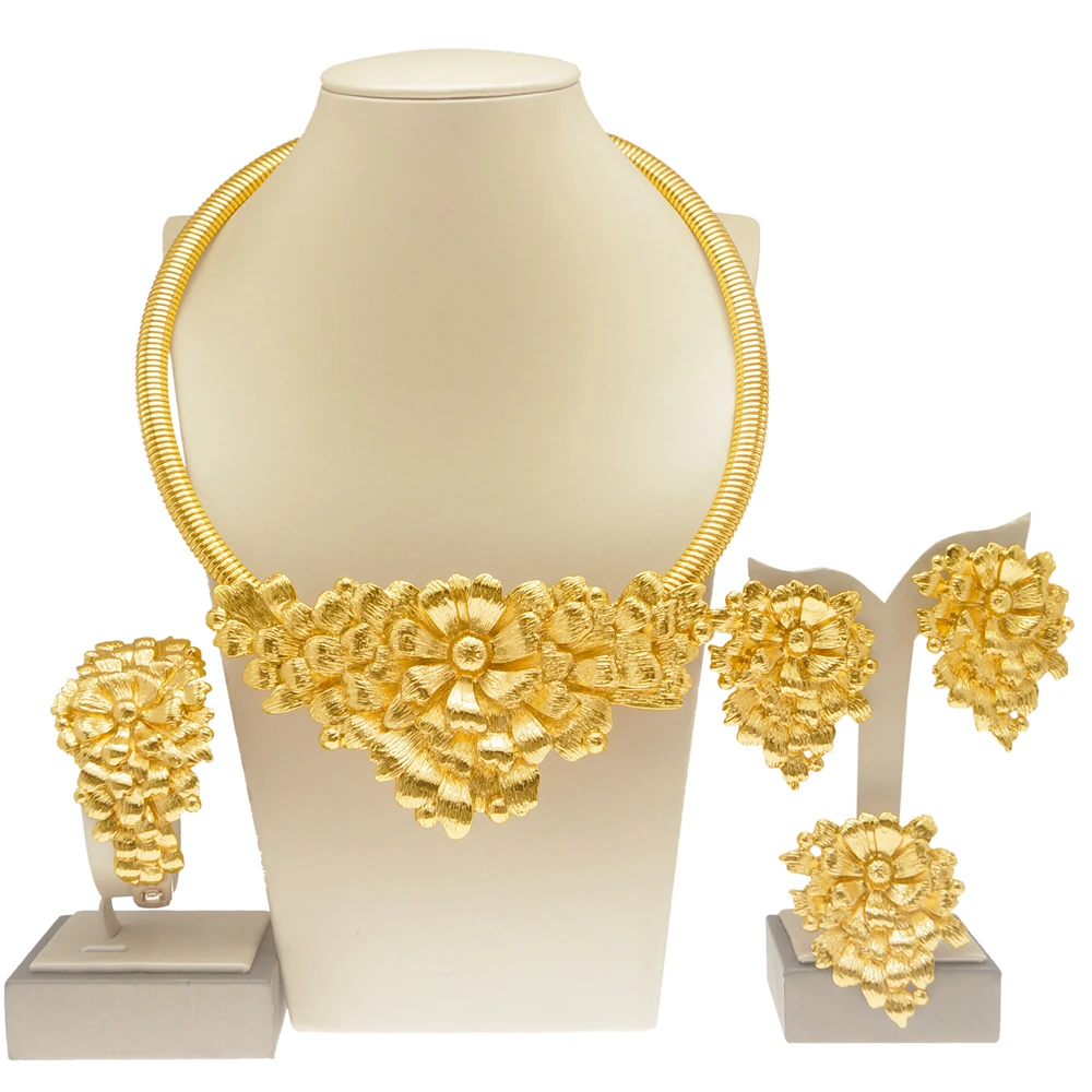 Women Gold Plated Jewelry Original Women Big Bud Necklace Jewelry Set Dubai Fashion Earrings Rings Wedding Accessories - 5
