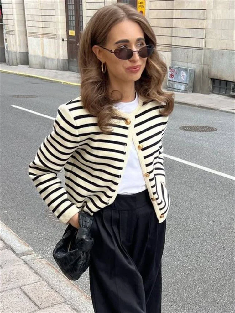 Suéter de punto a rayas, cárdigan, abrigo para mujer, suelto, de manga larga, a la moda, ajustado, con parches en contraste, prendas de vestir exteriores, abrigo de punto de verano