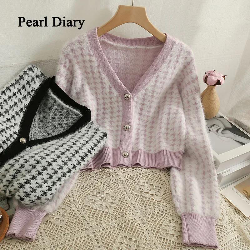 

Pearl Diary Single-Breasted Low Neck Cardigan Long Sleeve Women's Winter Coats Fashion Houndstooth Knitting Tops Short Top Women