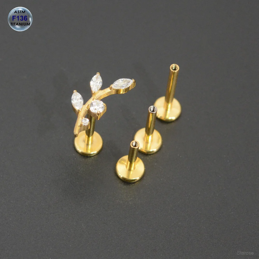 1Pc 1.2x4/6/8/10mm F136 Nose Piercing Titanium Labret Stud Oval Cz Branch Helix Tragus Earrings Leaf Ear Jewelry 16G Bar