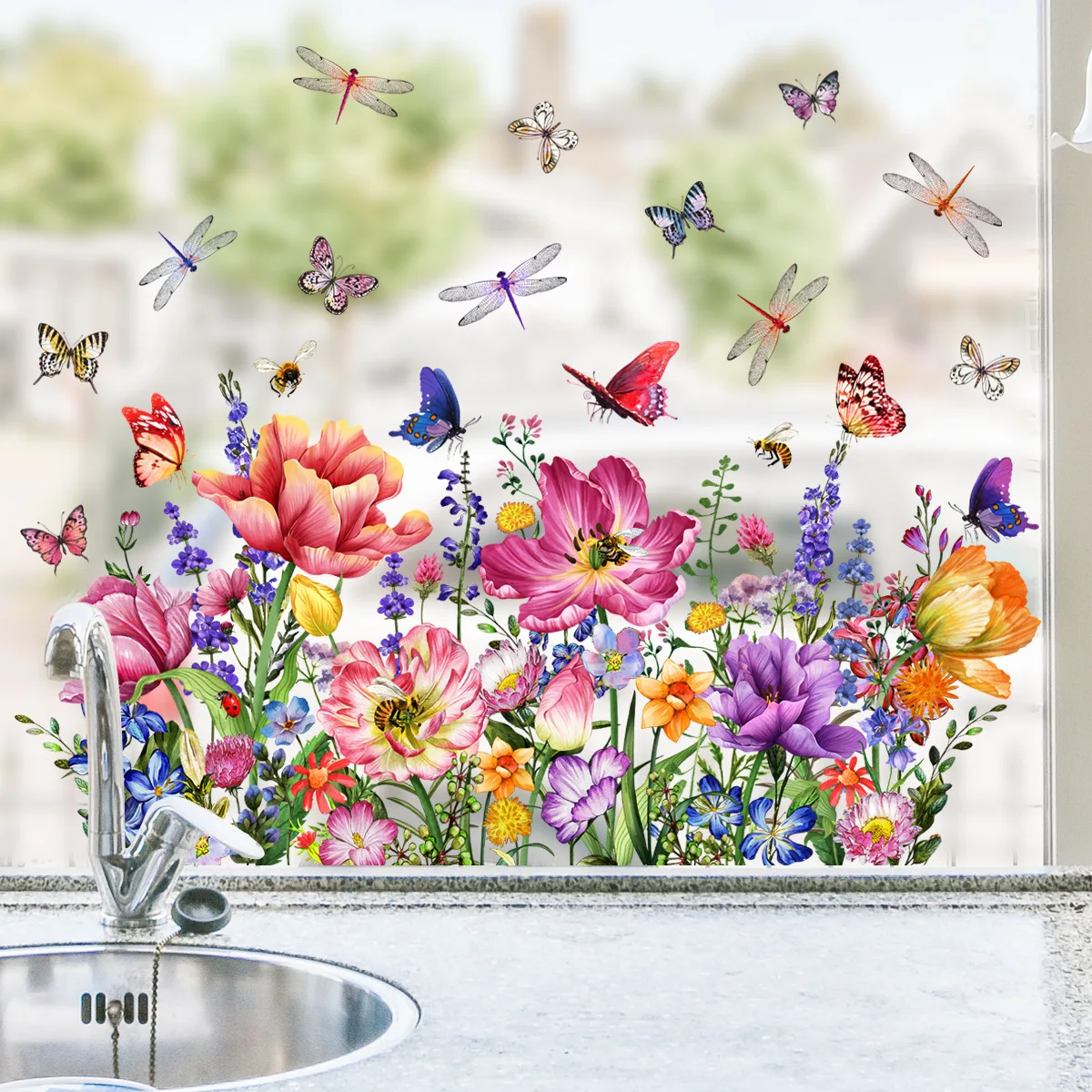 Various Styles of Colorful Butterfly and Floral Static Cling Window Stickers Double-Sided Visible Decorative Window Removable wall stickers window stickers