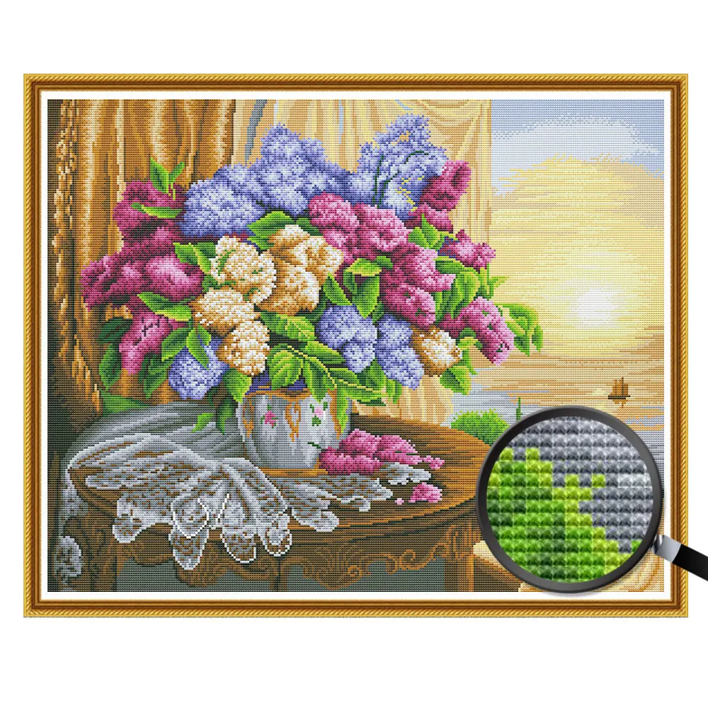 Cross Stitch Kit HUACAN White Canvas DIY Home Decoration 14CT 40x50cm Embroidery Rose Peony