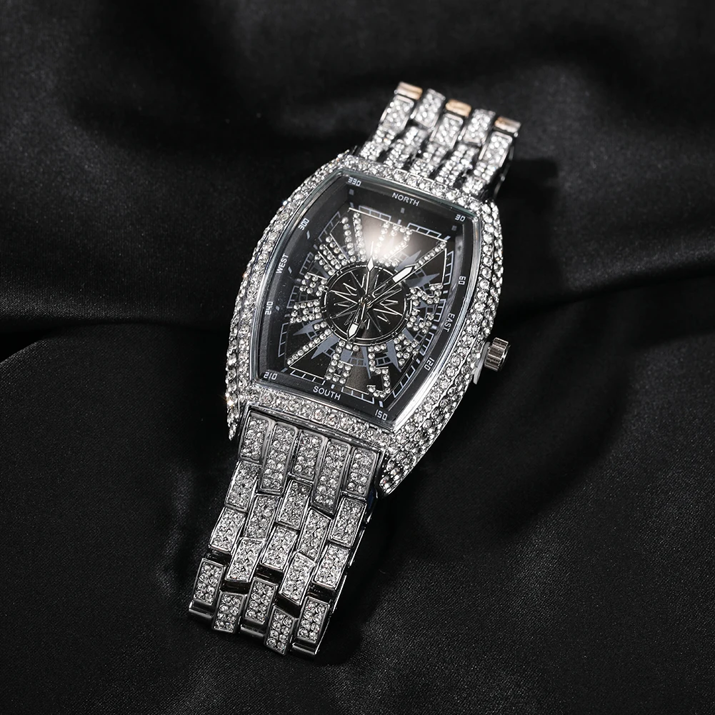 UWIN Rectangular Dial Watches Full Iced Out Full Drill Men Stainless Steel Hip Hop Luxury Watch Rhinestones Quartz Business