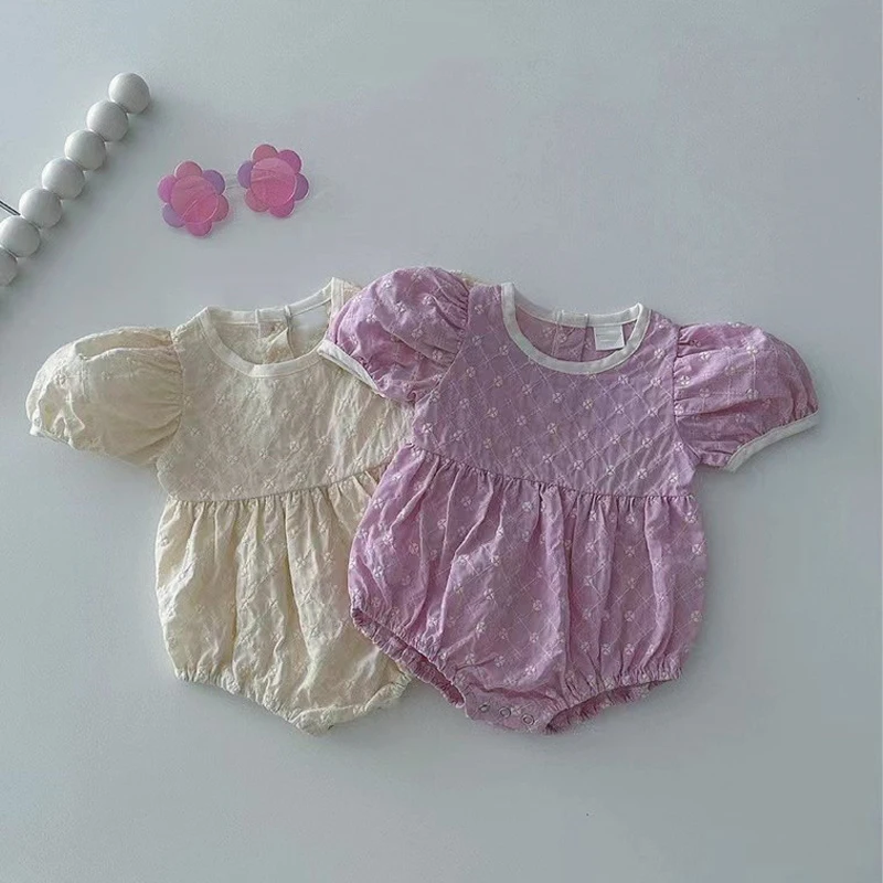 

2023 Summer Flower Embroidery Baby Girls Bodysuits Cotton Toddler Girl Bubble Sleeve Jumpsuit Infant Princess One Piece Clothes