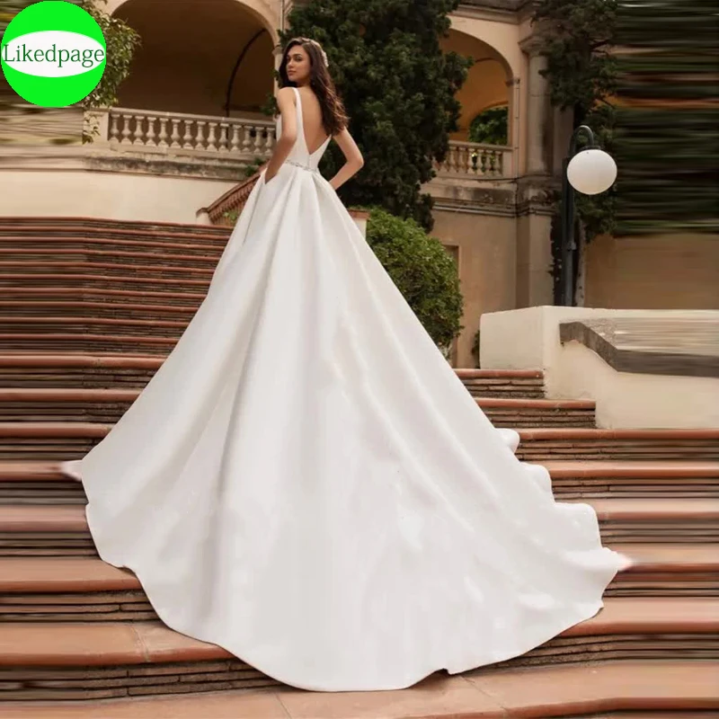 

Simple Satin Sleeveless Wedding Dresses For Women2024 Sexy Deep V-Neck Vestidos De Novia With Belt Suknia Ślubna Marié Backless