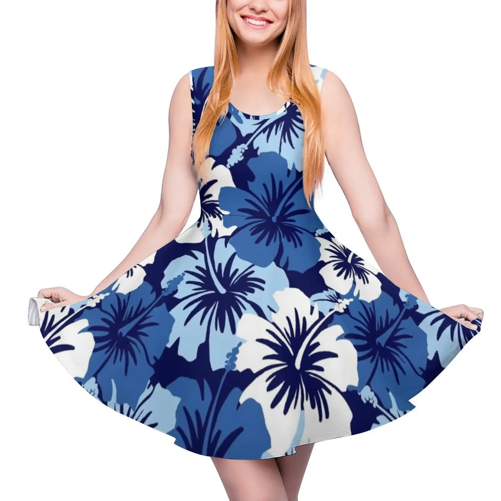Epic Hibiscus Hawaiian Floral Aloha Shirt Print - Blue Sleeveless Dress Female clothing