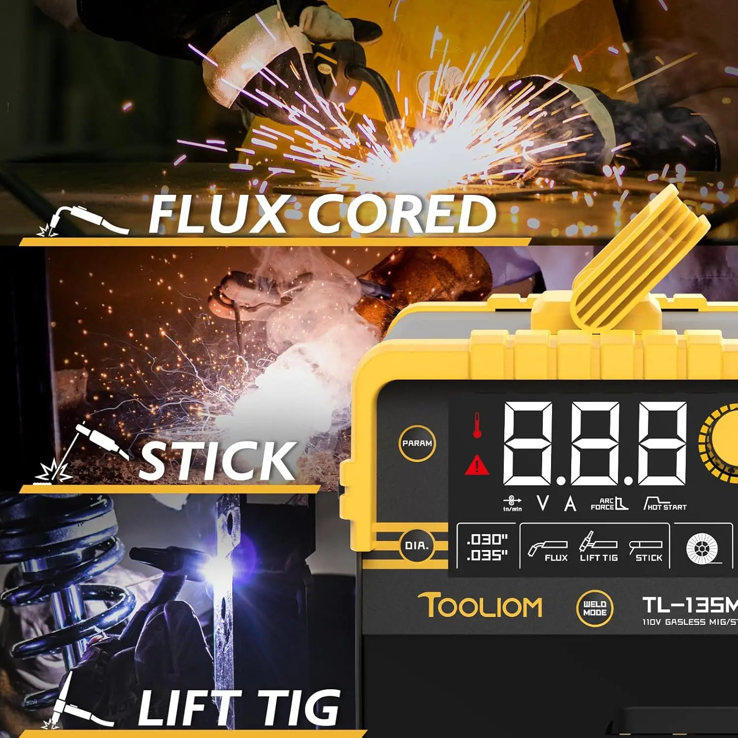 135A Gasless Flux Core MIG Welder 110V MIG Welder Flux MIG/Lift TIG/Stick 3 in 1 Welding Machine IGBT DC Inverter LCD Display 4