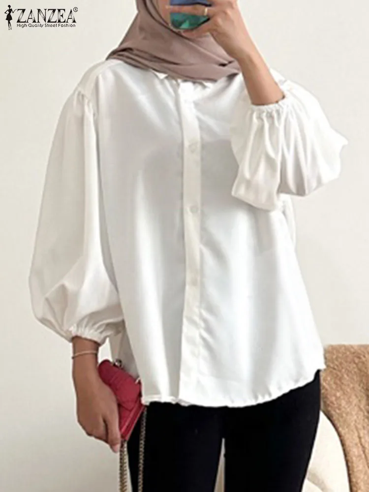 

ZANZEA 2023 Fashion Autumn Vintage Shirt Casual Muslim Abaya Tops Solid Eid Mubarek Blusas Women Lapel Neck Long Sleeve Blouse