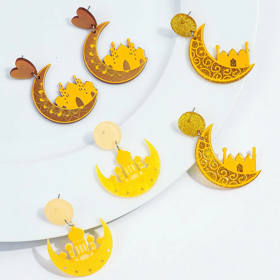 

Fashion Ramadan Gift Earrings New Cartoon Yellow Moon Church Acrylic Pendant Earring for Women Arab Muslim Islamic Allah Jewelry