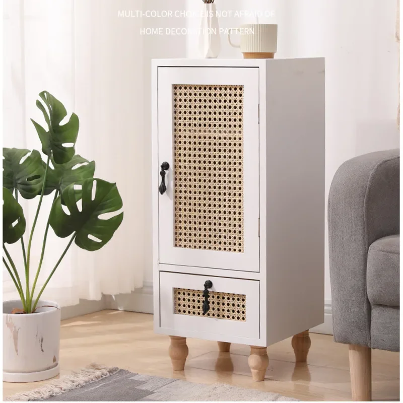 Solid Wood Rattan Woven Storage Cabinet Modern Bedside Table Multi-functional Sofa Cabinet, Bedroom with Drawers, Home Furnitu