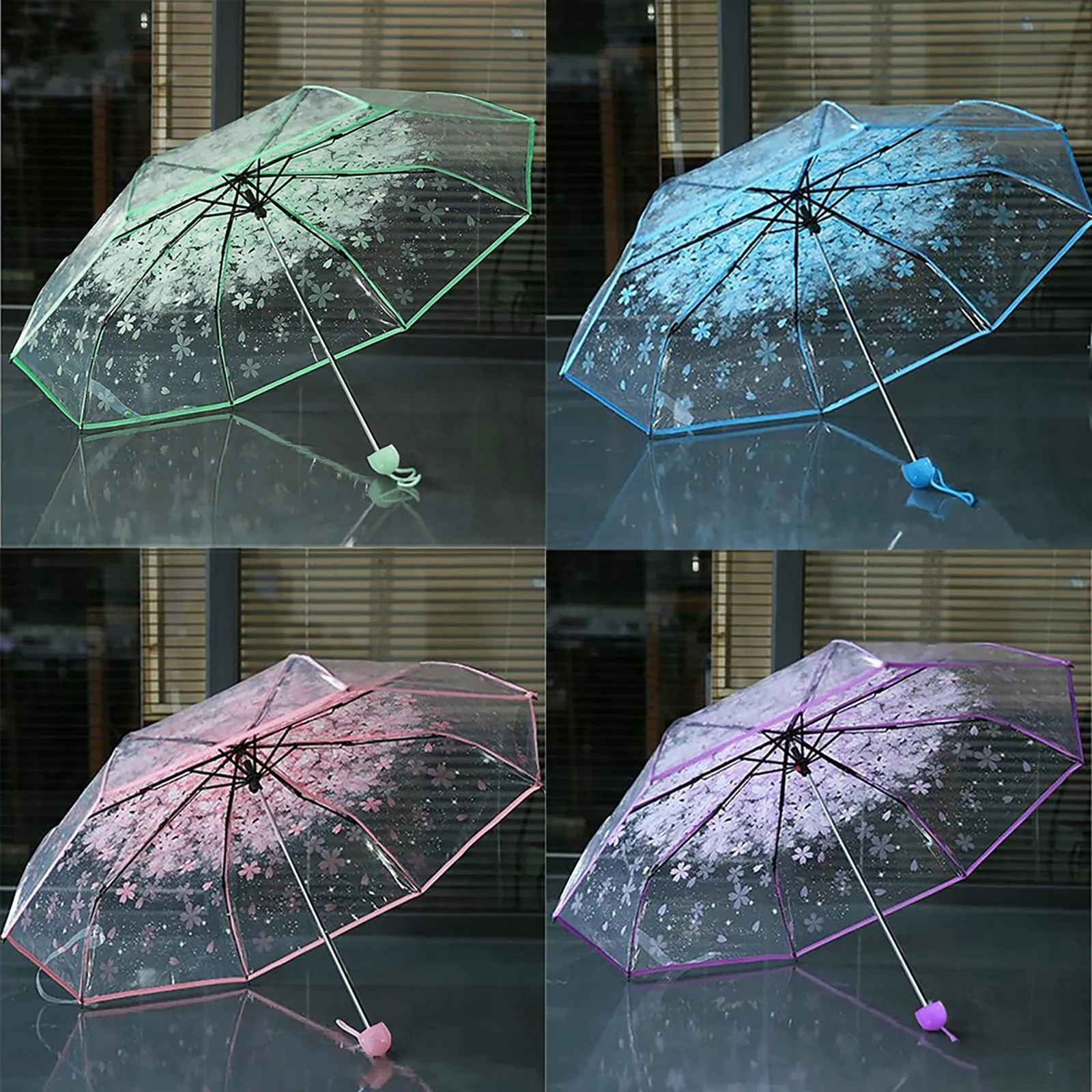 Three Fold Umbrella Women Transparent Clear Cherry Blossom Mushroom Sakura Folding Sunshade Rain Umbrella Folding Travel Umbrell folding umbrella