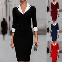 Robe mi-longue crayon à col en V et manches 3/4 contrastées pour femmes, moulante, idéale pour le bureau, les affaires, les soirées formelles et le travail. 1