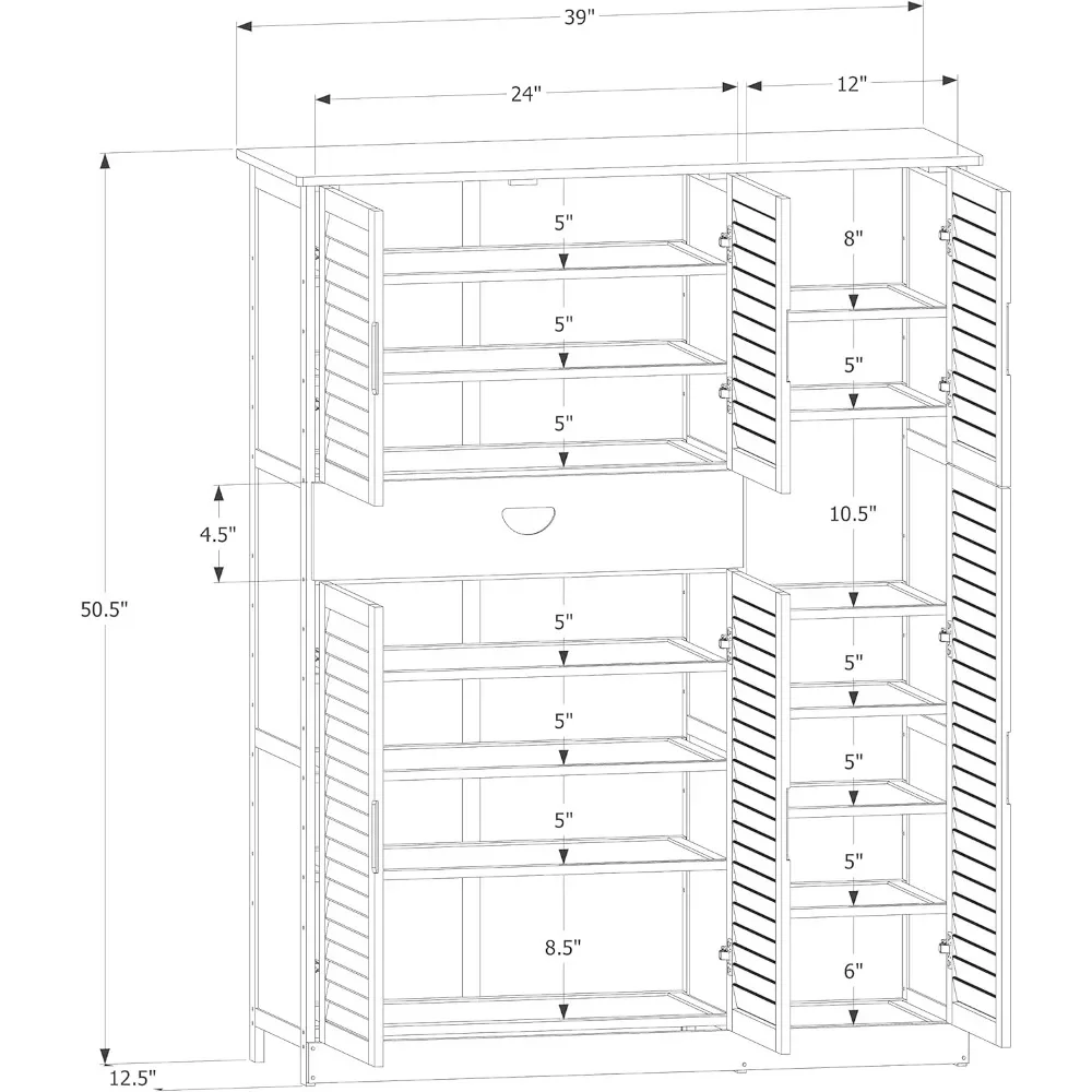 12.5"D x 39"W x 50.5"H Shoe Cabinets with Shutter Doors & 1 Drawer for 31-35 Pairs, Bamboo Large Shoe Cabinets