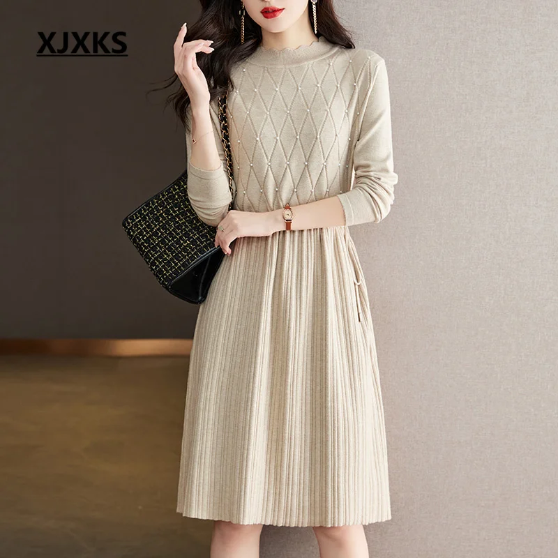 

XJXKS 2022 Autumn Winter New High-end Wool Knitted Dress Solid Colour And Hundred Temperament Female Vestidos