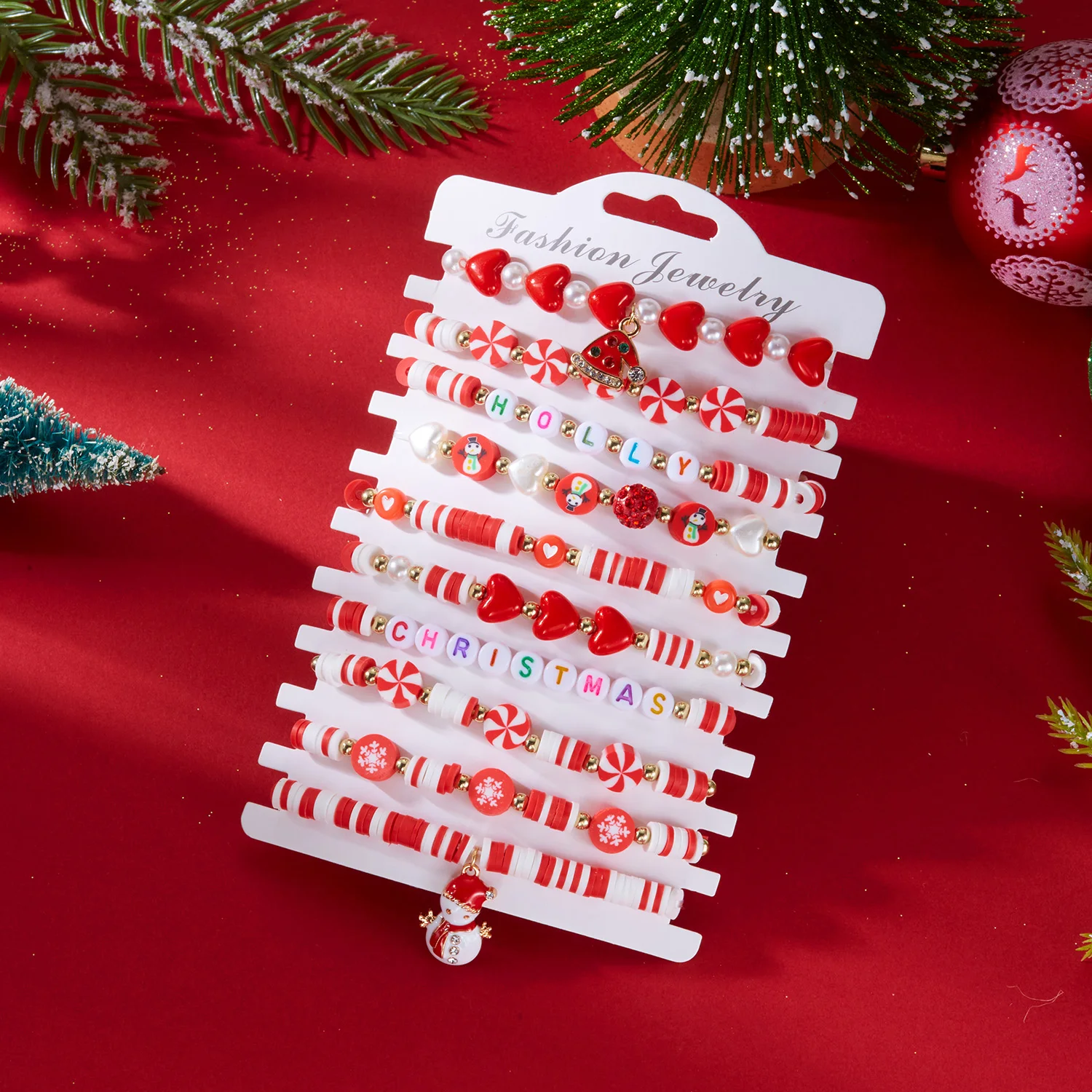 10-teiliges buntes weiches Tonperlen-Weihnachtsarmband-Set für Frauen, Weihnachtsmann, Weihnachtsbaum, Schneeflocke, stapelbare Armbänder, Schmuck – Detail 6