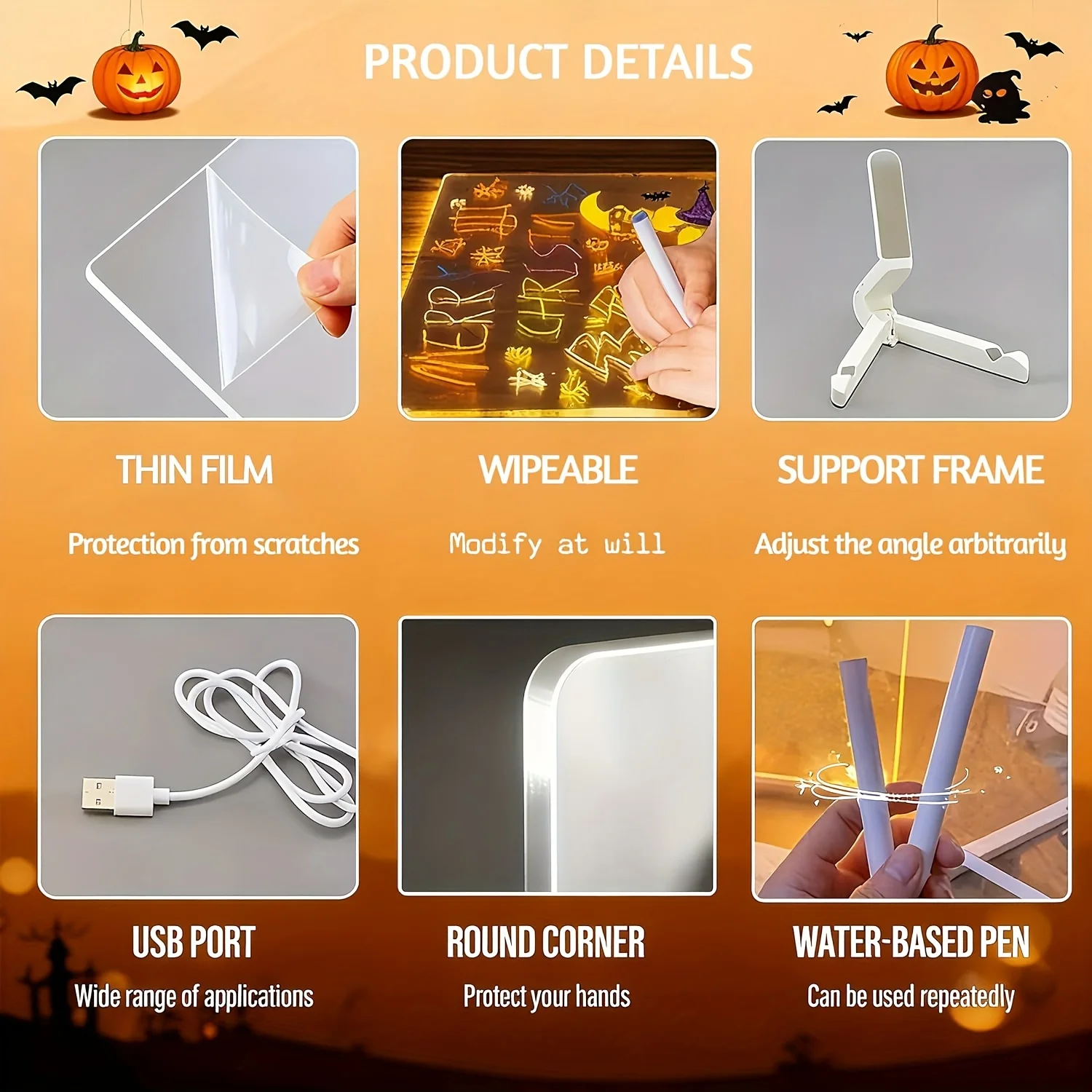 LED 조명 아크릴 메시지 보드 1세트, 탈부착 및 지울 수 있는 USB 드로잉 보드, 스탠드가 있는 재사용 가능한 낙서 보드, 7가지 색상
