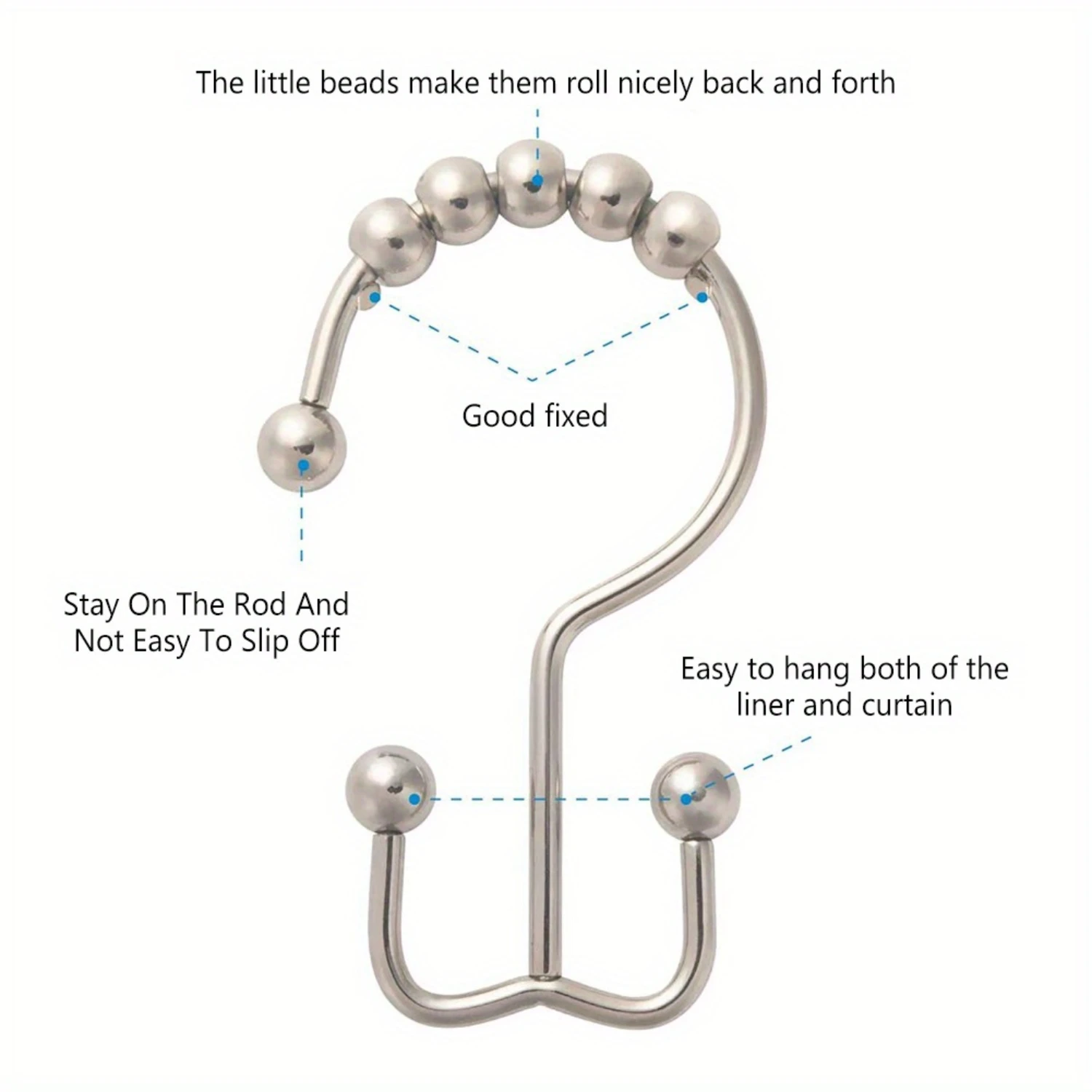 5pcs Stainless Steel Double Glide Shower Curtain , Rust-Resistant Bead Roller Shower Rings, For Bathroom Curtain, Heavy-Duty, Ea