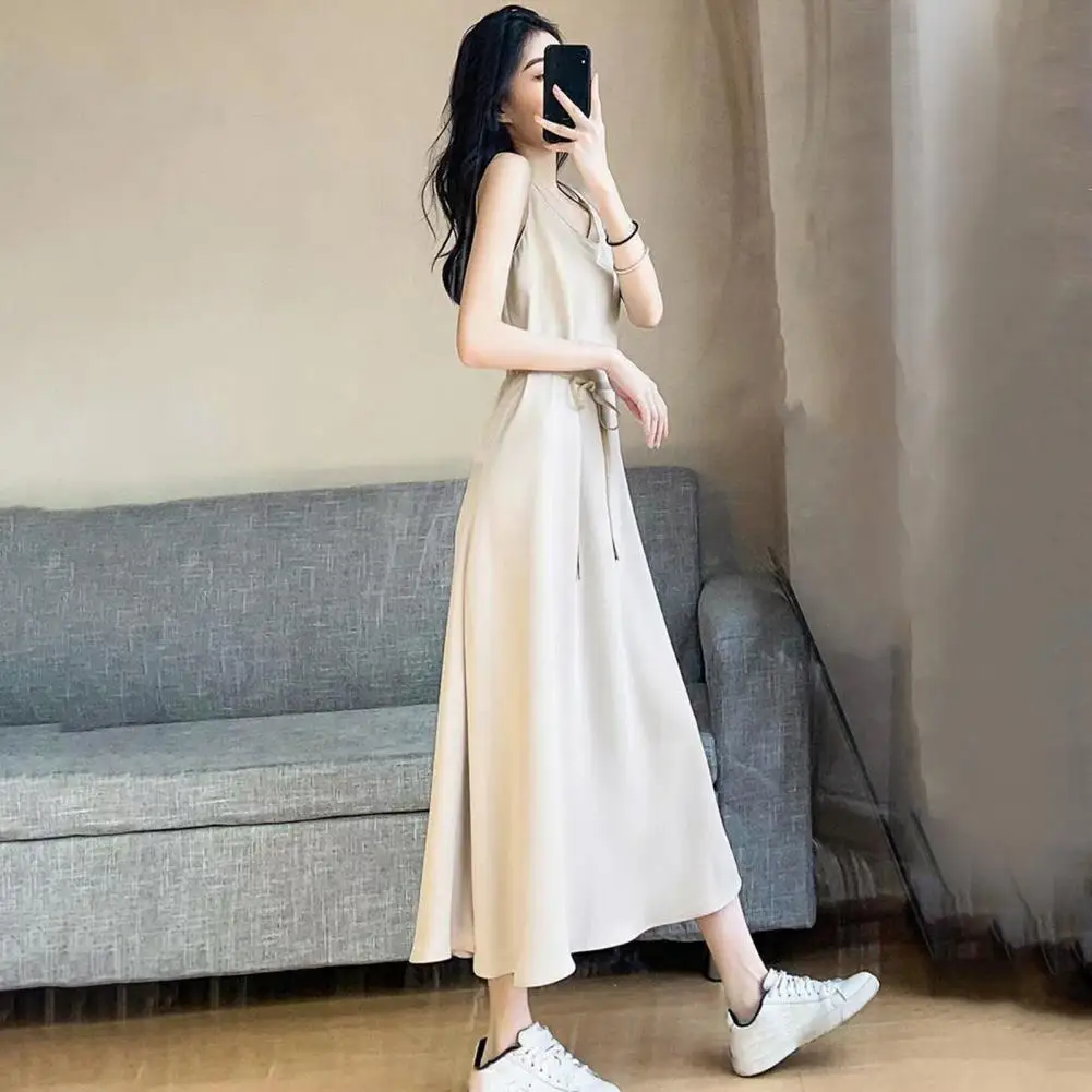 

Lightweight Sleeveless Dress Stylish Women's Lace-up Waist Sleeveless Sundress Loose Fit Spaghetti Straps A-line for Daily