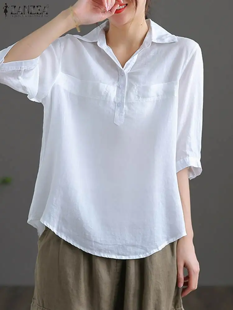 

ZANZEA Fashion Lapel Neck Blouse Women Elegant Work OL Shirt Femme 3/4 Sleeve Cotton Button Tunic Tops Casual Streetwear Blusas