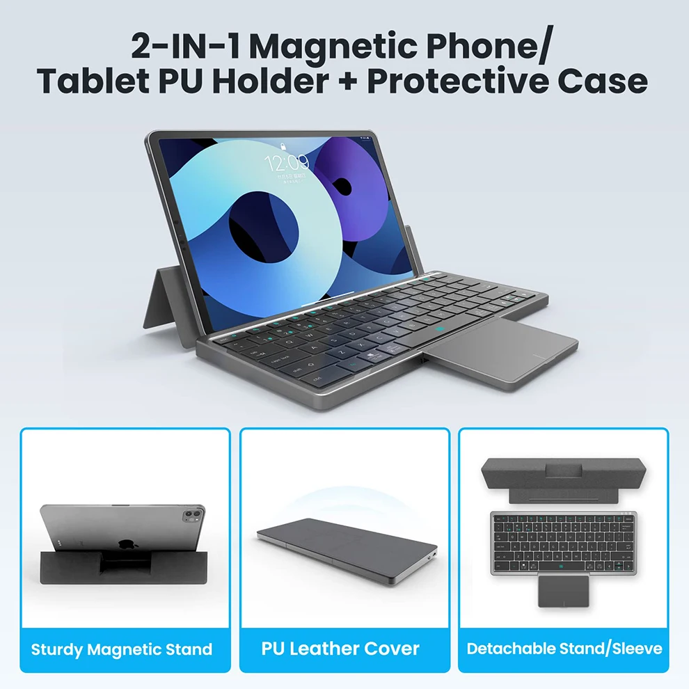 Teclado Bluetooth sem Fio Multi-dispositivo Teclado Dobrável com Touchpad Tampa Removível Suporte Dobrável Teclado Recarregável - Imagem 3