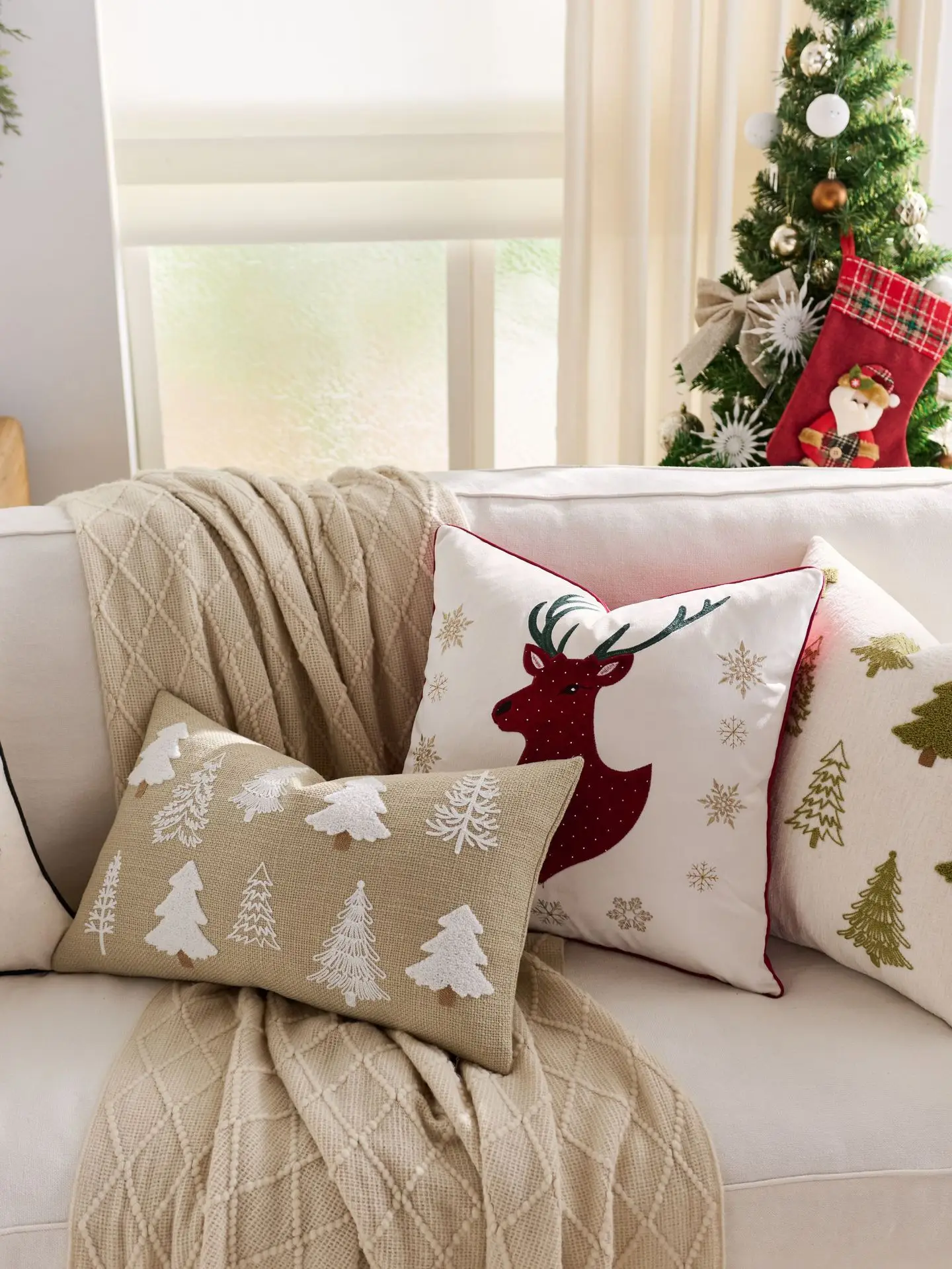 Weihnachten samt bestickt Wurf Kissenbezug Cojines Weihnachtsbaum Hirschkopf rot bestickt Sofa Dekor Kissen Kissenbezüge – Detail 7
