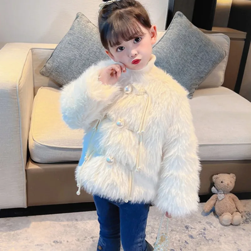 

Girls Coat Furs Jacket Cotton Outwear Windproof 2022 Pink Warm Thicken Plus Velvet Winter Children's Clothing