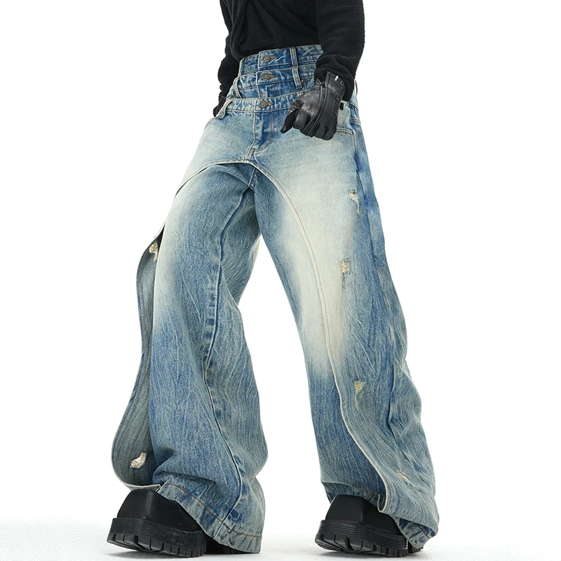 FEWQ Niche Design Men's Jeans Patchwork Layered Multi-wasit Worn-out Solid Color Wide Leg Straight Male Denim Pants 2025 24K1304 3