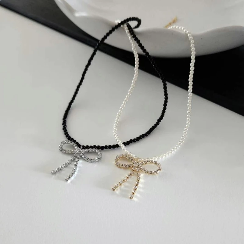 

Bowknot Neckband Pearl Choker Necklace Jewelry Temperament Elegant Neck Chain Women Clavicle Chain Necklace DropShip