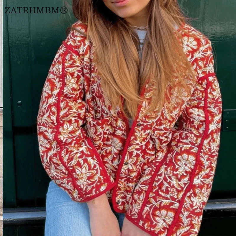 

ZATRHMBM 2023 Women Fashion Printed Cotton Coat Vintage Long Sleeves Button Up Streetwear Female Outerwear Chic Overshirt