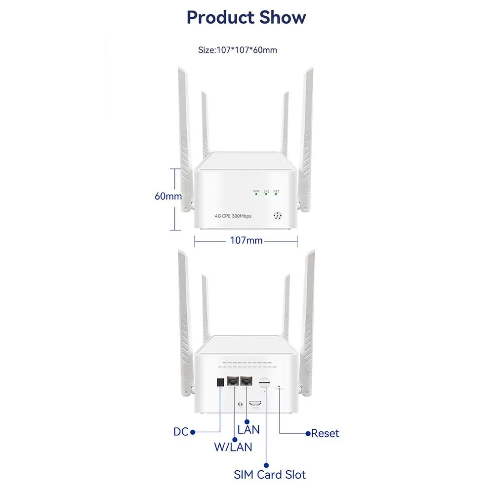 300Mbps 4G Wifi Router Sim Card Wireless Modem Outdoor LTE Wi-Fi Bridge 5dBi 4 External Antennas Networking WAN/LAN Routers images - 6