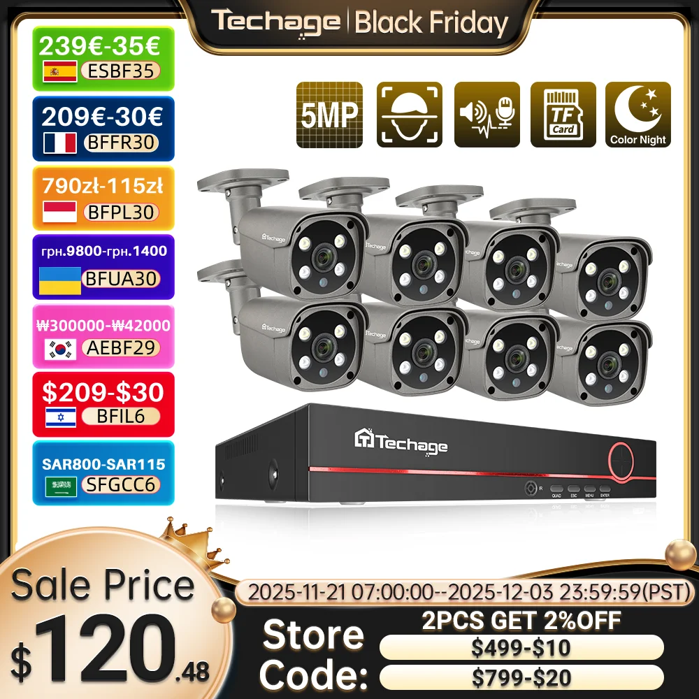 Techage 8CH 5MP HD POE CCTV System kamer bezpieczeństwa Domowy zestaw do nadzoru wideo NVR Wykrywanie twarzy Zestaw zewnętrznych kamer IP Xmeye