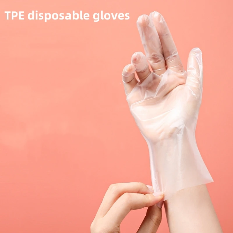 100PCS Disposable Gloves TPE Latex Free Gloves Thickened Transparent Non Slip Household Cleaning Dishwashing Hand Care
